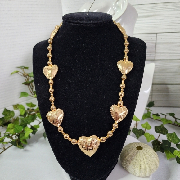 Chunky Gold Puffy Hearts with Greek Key Design and Bead Necklace - Picture 9 of 10